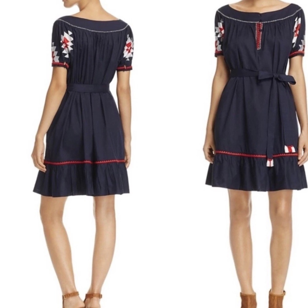 Tory Burch Alicia Dress Navy Sea Embroidered Cotton Mini Tassel Belt 8 NEW 38321 - Picture 14 of 14